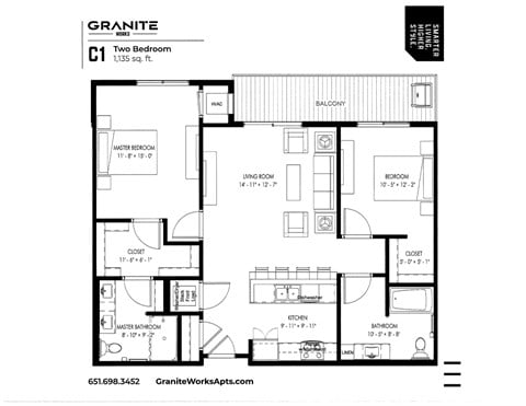 Floor plan for 2 beds, 2 baths, 1211 sqft